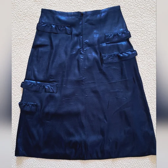 BURBERRY Silk Metallic Blend Midi Skirt Women's Blue IT 44 US 10 Org $890